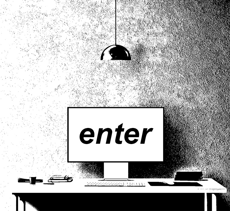 circular black and white image of computer screen showing word 'enter' on desk with lamp hanging above. keyboard mouse and several notebooks also on desk.